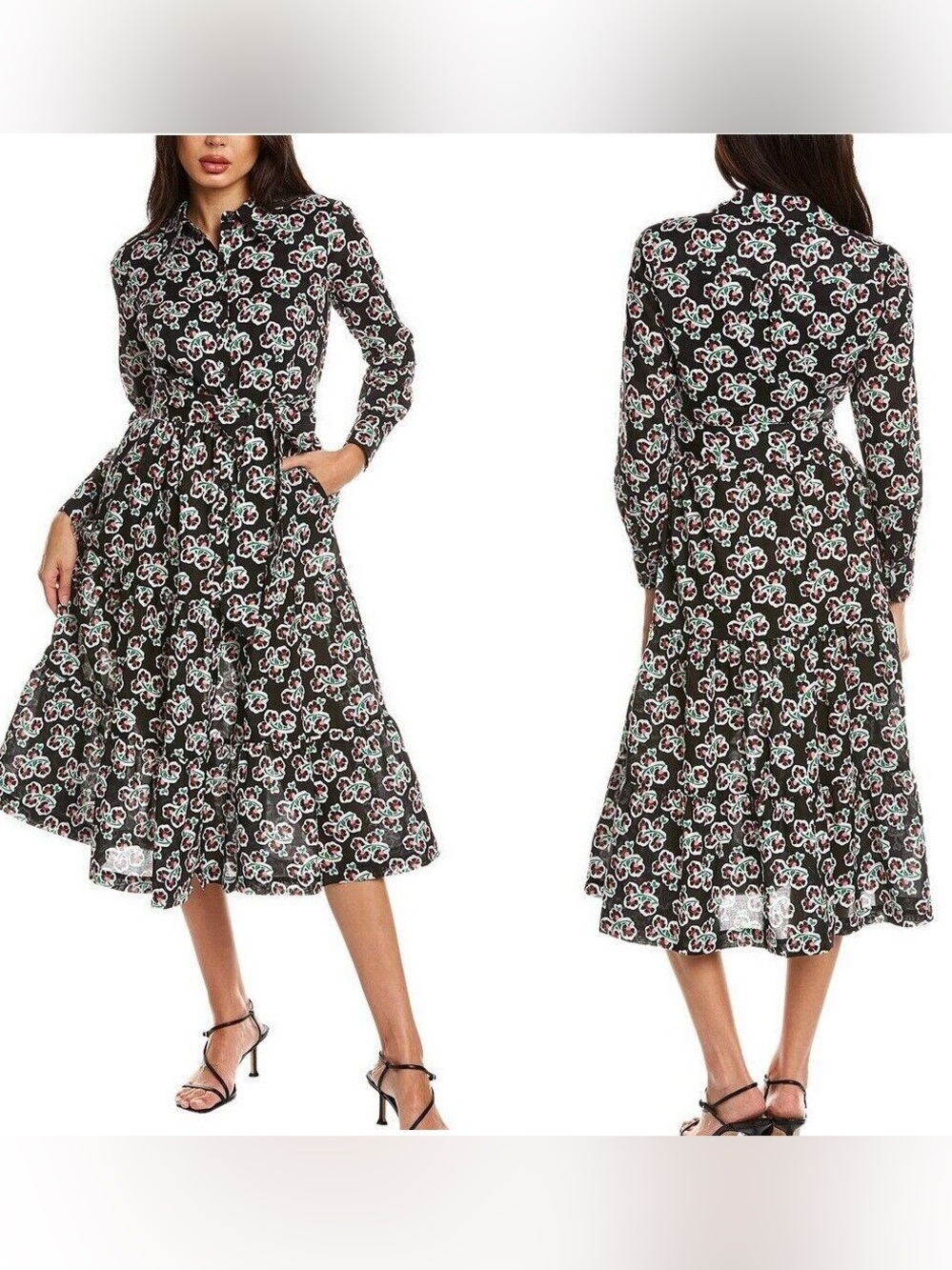 Boden 100% Cotton Black Floral Long-Sleeve Midi Dress with White & Pink Blooms